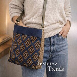 Enzo Angiolini Blue & Tan Geometric Crossbody | Boho Canvas & Jute Shoulder Bag